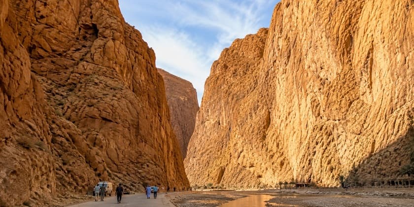 Steep limestone cliffs and path inside Todra Gorge